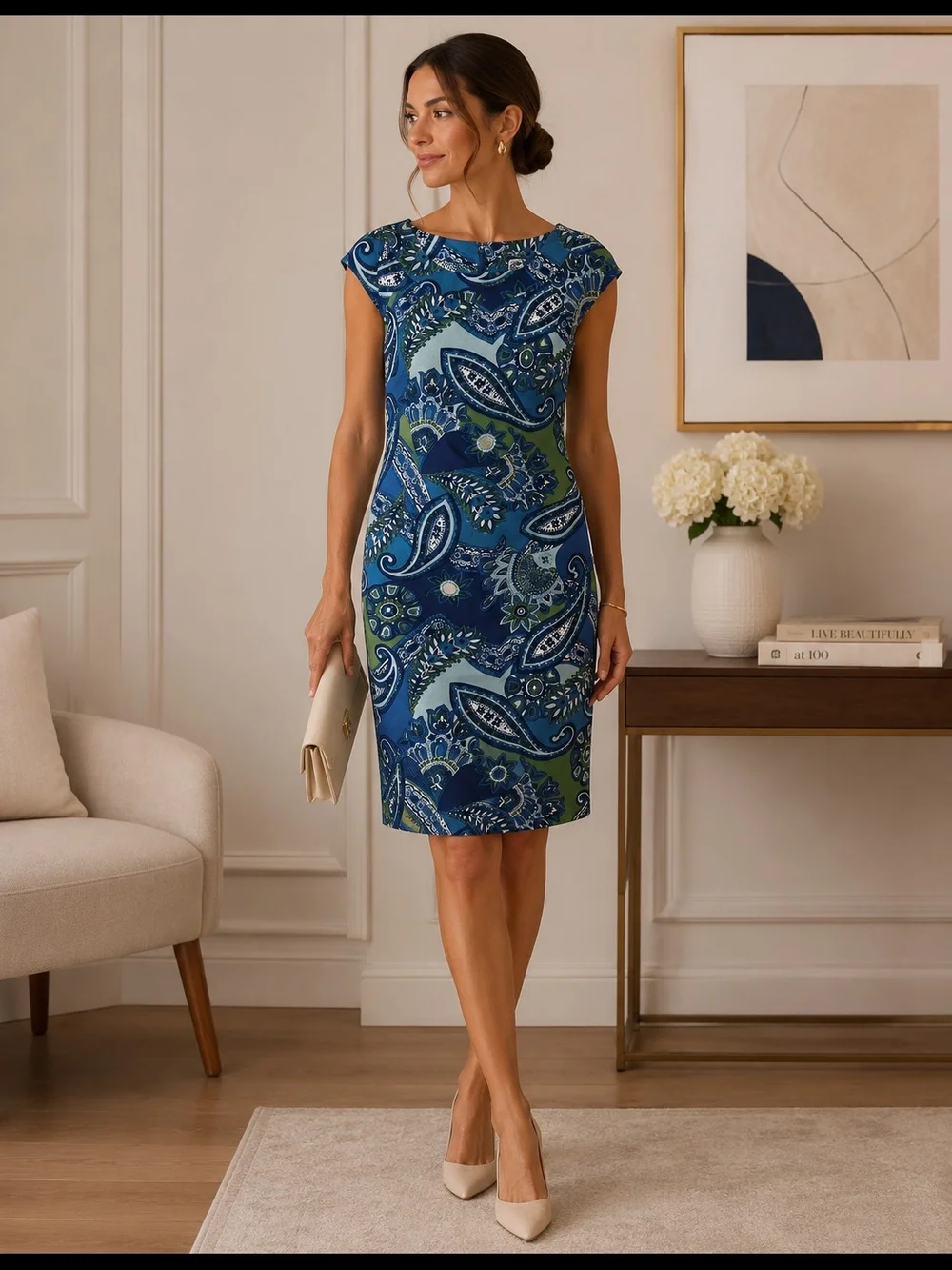 Ann Taylor Petite Blue and Green‎ Paisley Sheath Dress SZ 2P